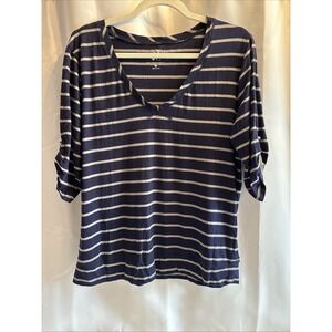 New York & Co Blue Strip Roll Tab Sleeve Top Size XL Beach Boating